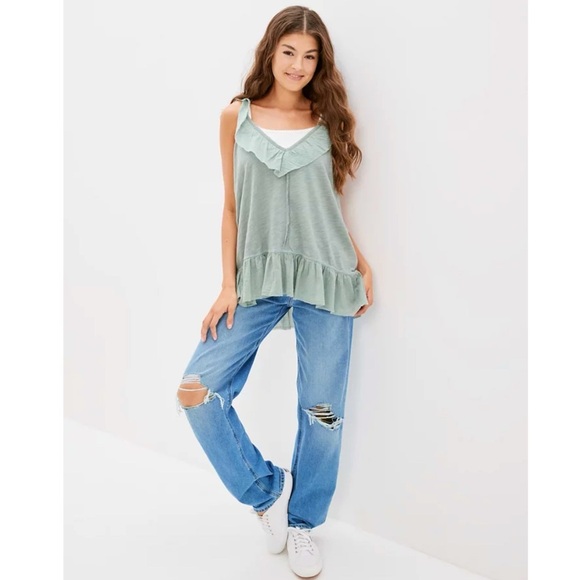 New American Eagle Outfitters Women’s Ruffle V Neck Tank Top Sage Sz XS/S - Picture 2 of 11